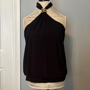 Elegant Black Halter Top with Gold Metal Accent